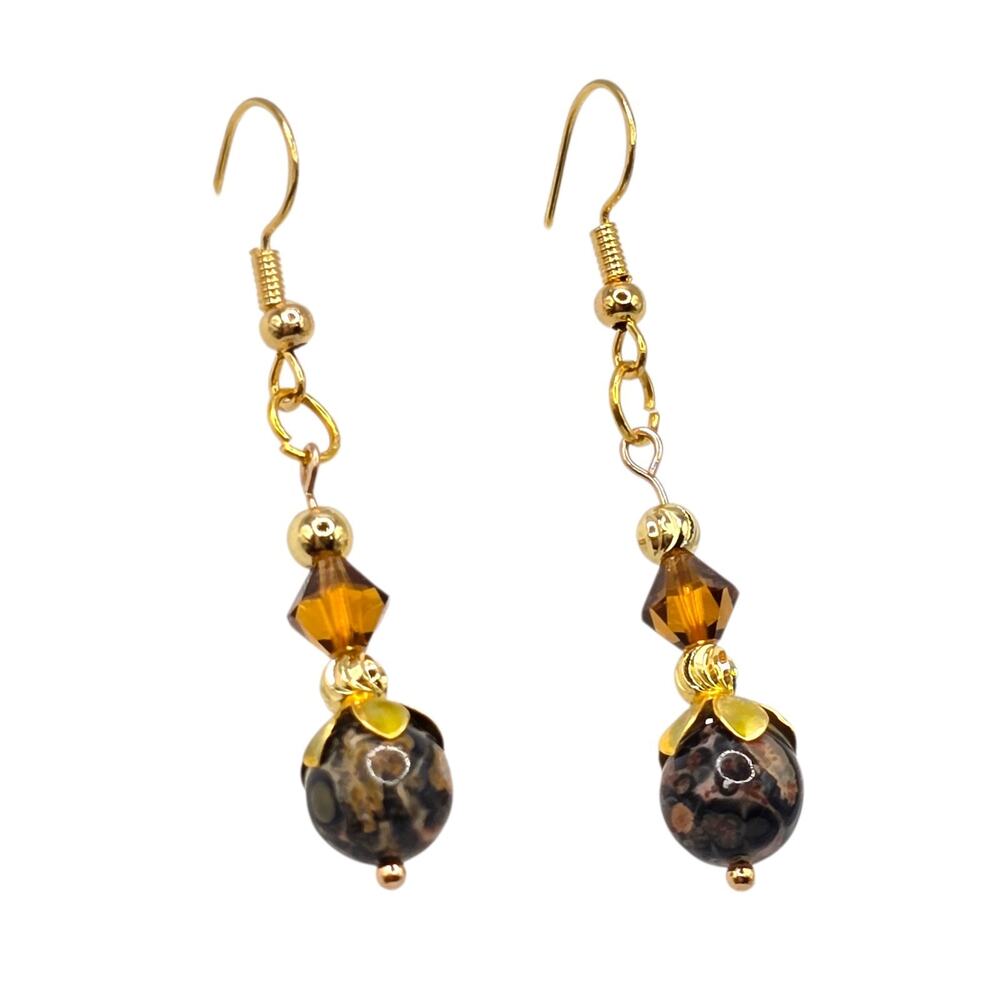 Pierced Earrings Leopard Skin Jasper Bicone Brown Beads Handcrafted SKU2794